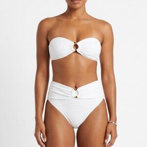 Cabana del Sol White Textured Ring Bikini Set High Waist Bandeau Large